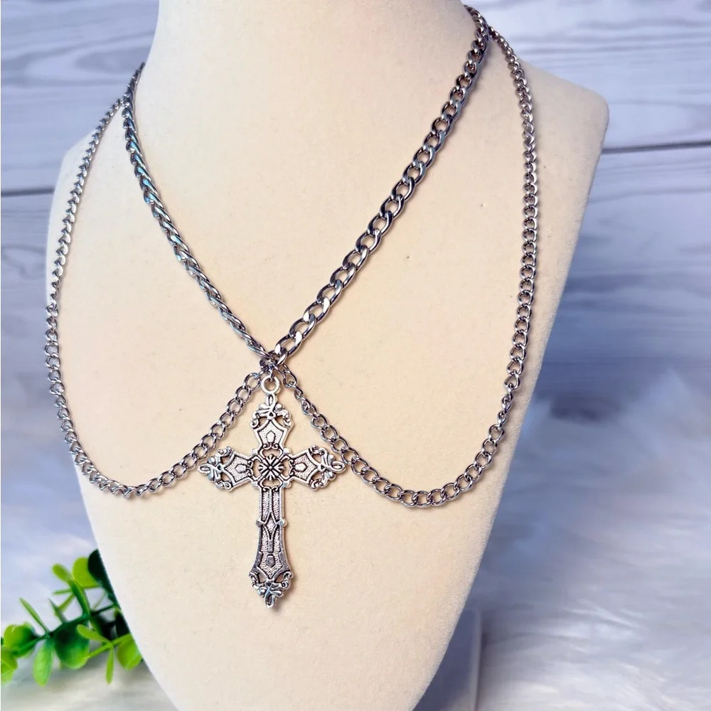 Elegant Silver Cross Double Chain Choker‎ Necklace